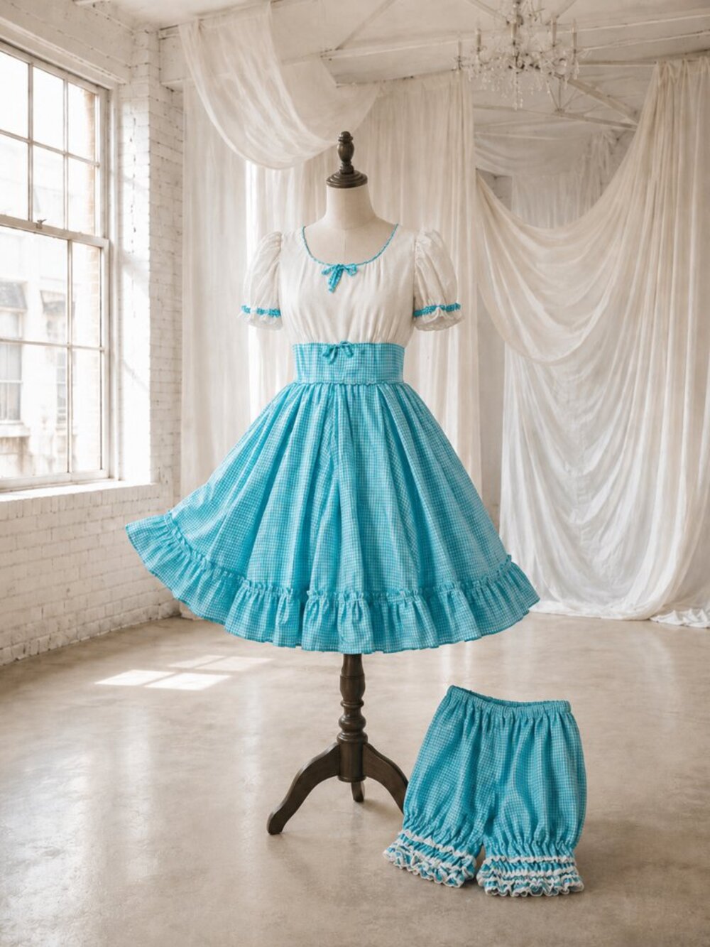 Vintage 60s Blue Gingham & Swiss Dot Dress & Bloomers Square Dance Costume M